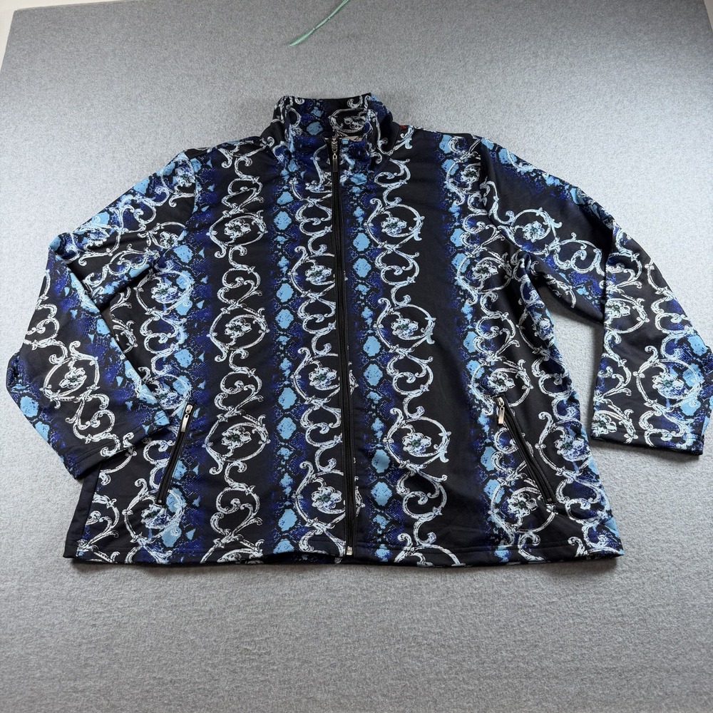 Drapers & Damons Jacket 2X Blue Metallic Medallion Baroque Zip Up Mock Neck Y2K